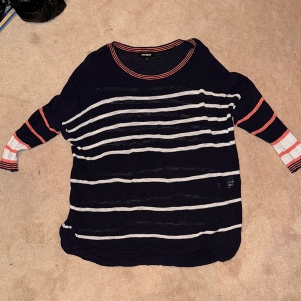 Express Blue and White Crew Neck Sweater with Stripes